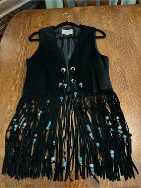 Vintage Adventure Bound Black Fringe Vest with Beads Size Large